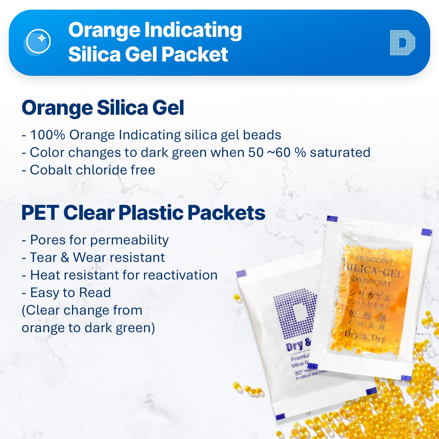 5 Gram Orange Indicating Clear Plastic(PET) Silica Gel Packets