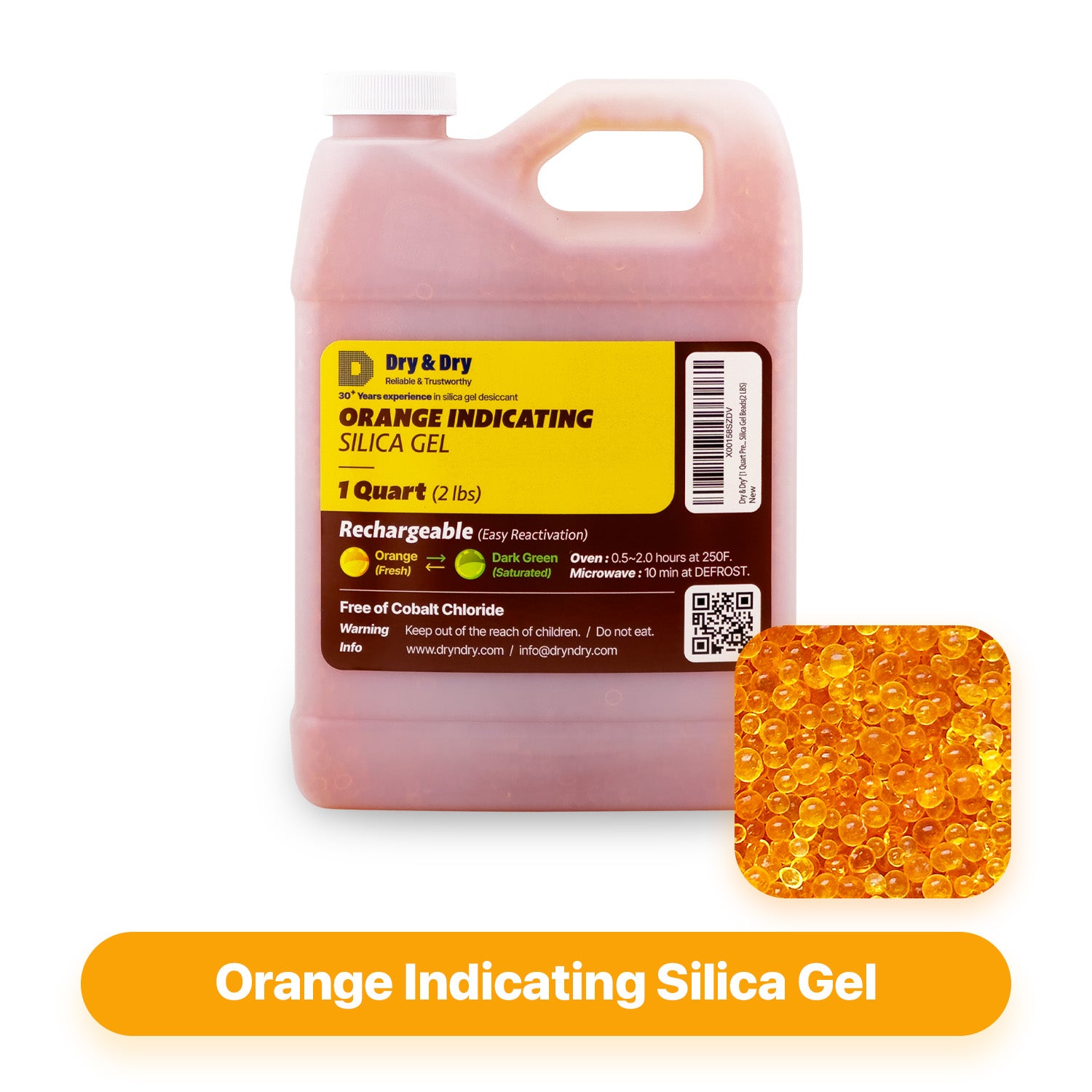 1 Quart(2 LBS) "Dry & Dry" Premium Orange Indicating Silica Gel Desiccant Bead
