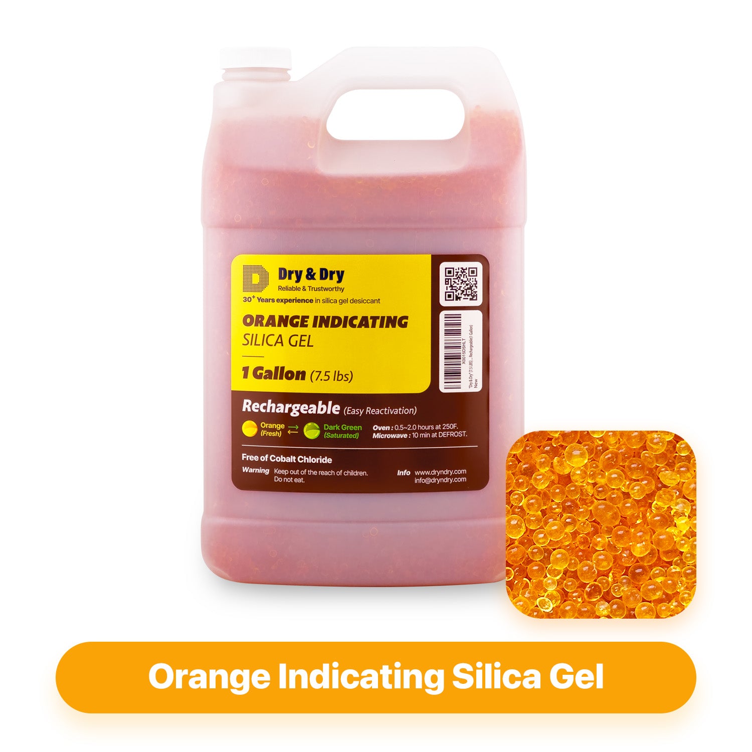 1 Gallon(7.5 LBS) "Dry & Dry" Premium Orange Indicating Silica Gel Desiccant Bead