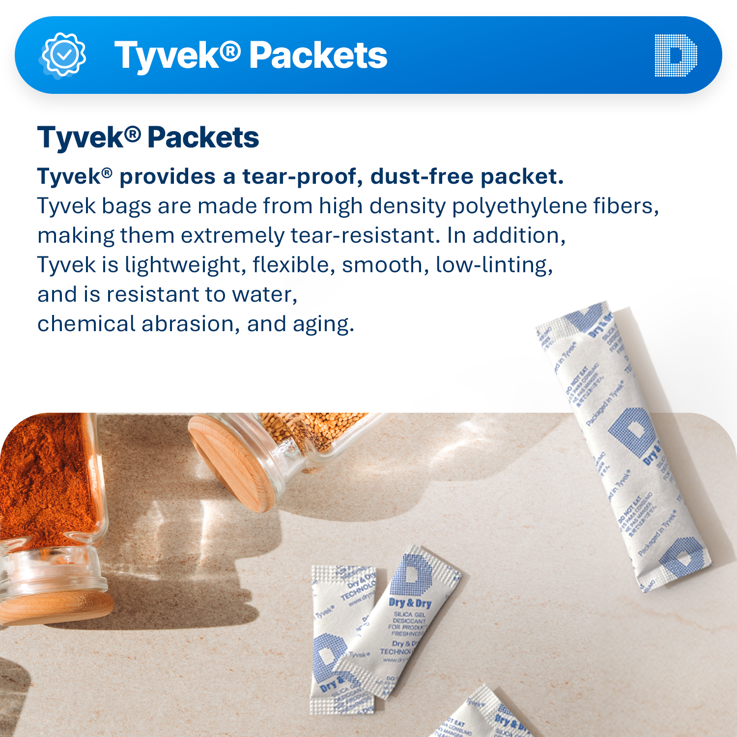 0.5 Gram [16,000 Packets] Tyvek® Silica Gel Desiccant Packets