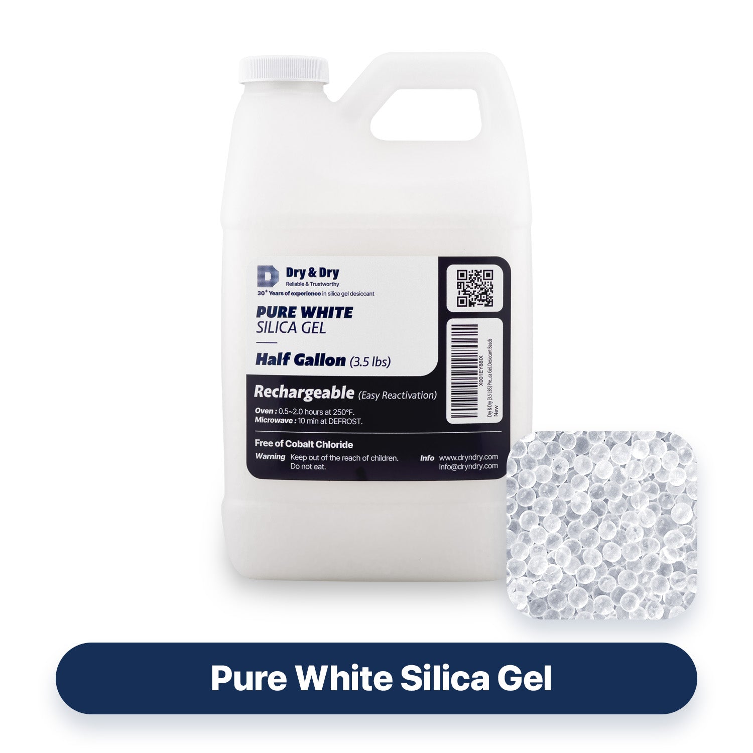 1/2 Gallon "Dry & Dry" Premium White Silica Gel Beads (Industry Standard 3-5 mm) - 3.5 LBS Reusable