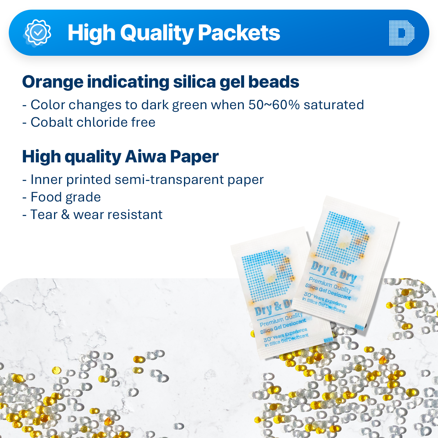 2 Gram [6000 Packs] "Dry & Dry" Food Safe Orange Indicating (Orange to Dark Green) Mixed Silica Gel Packets - FDA Compliant