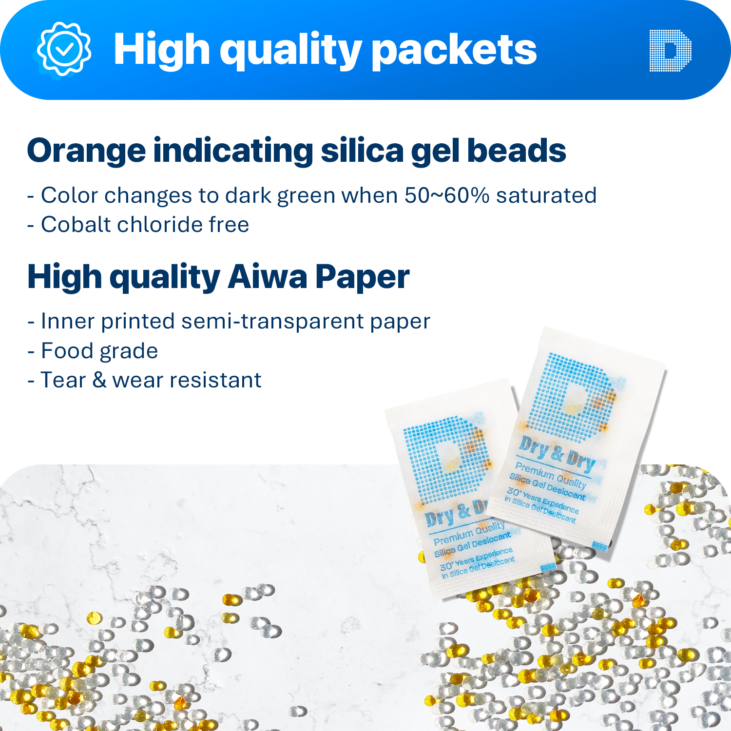 2 Gram [6000 Packs] "Dry & Dry" Food Safe Orange Indicating (Orange to Dark Green) Mixed Silica Gel Packets - FDA Compliant
