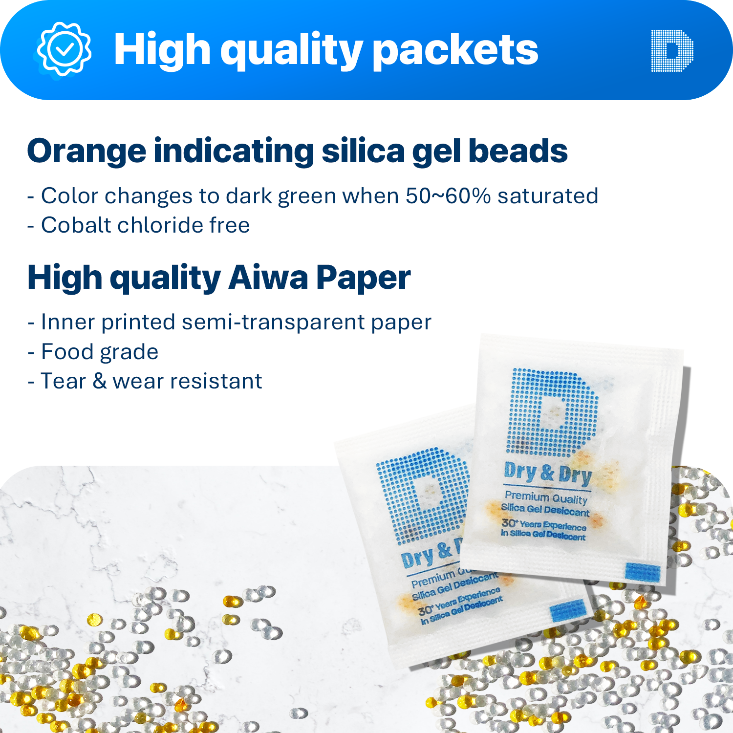 3 Gram [6000 Packs] "Dry & Dry" Food Safe Orange Indicating(Orange to Dark Green) Mixed Silica Gel Packets - FDA Compliant