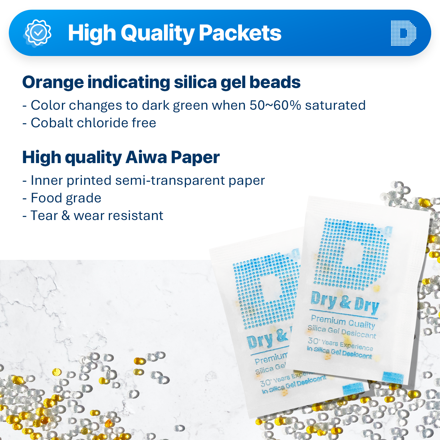 5 Gram [3000 Packs] "Dry & Dry" Food Safe Orange Indicating(Orange to Dark Green) Mixed Silica Gel Packets - FDA Compliant