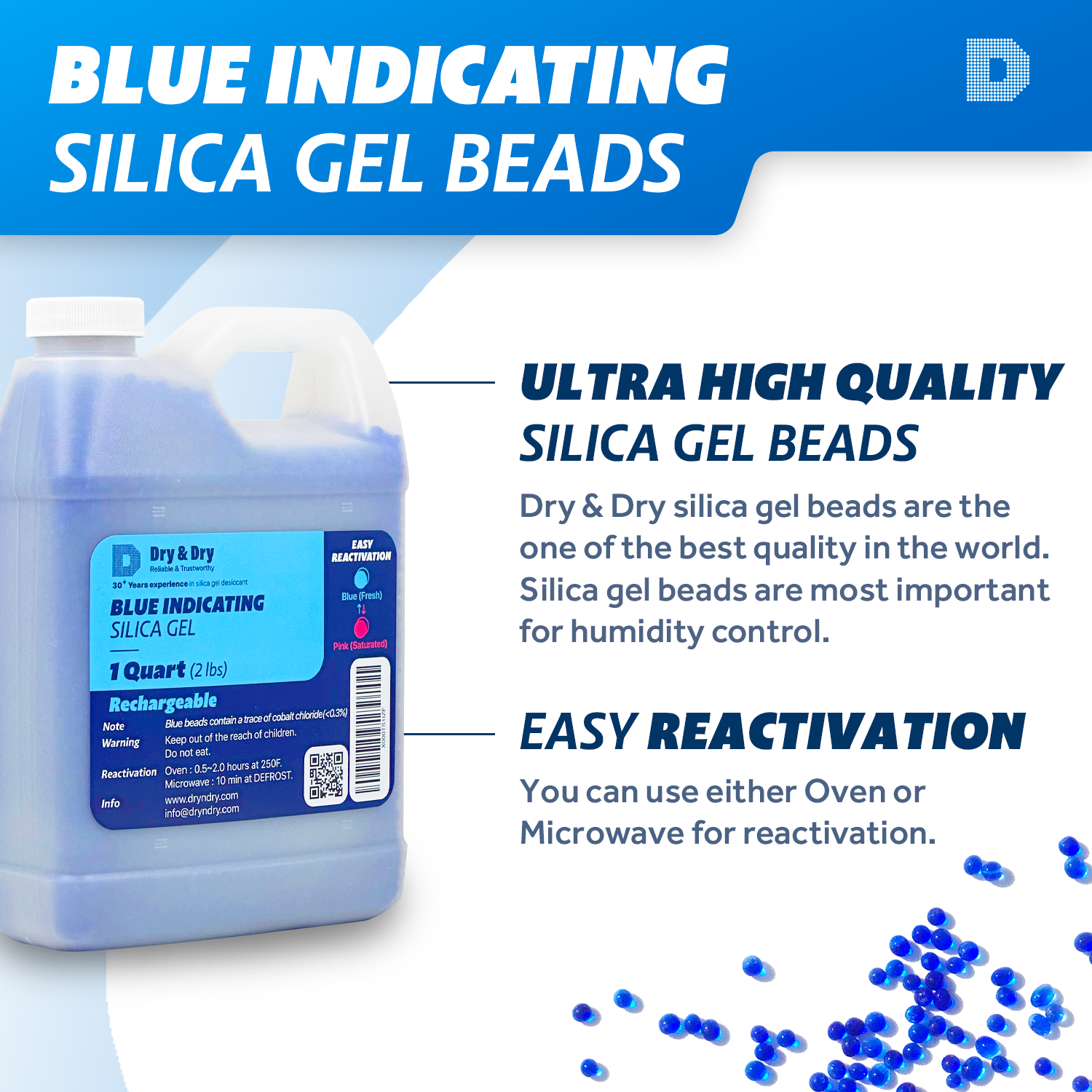 1 Quart Jug Replacement Desiccant Blue Indicating Silica Gel Bead(2 LBS) - Rechargeable
