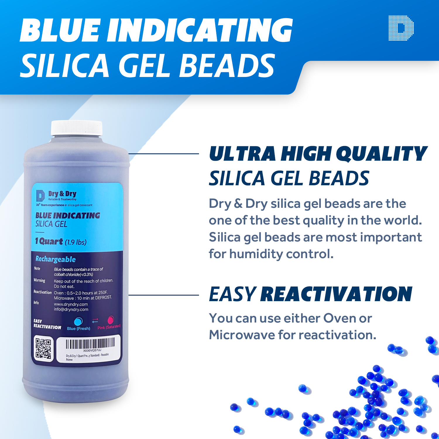 1 Quart Blue Silica Gel Bead in Round Bottle with Air Tight Cap - 2 LBS Reusable