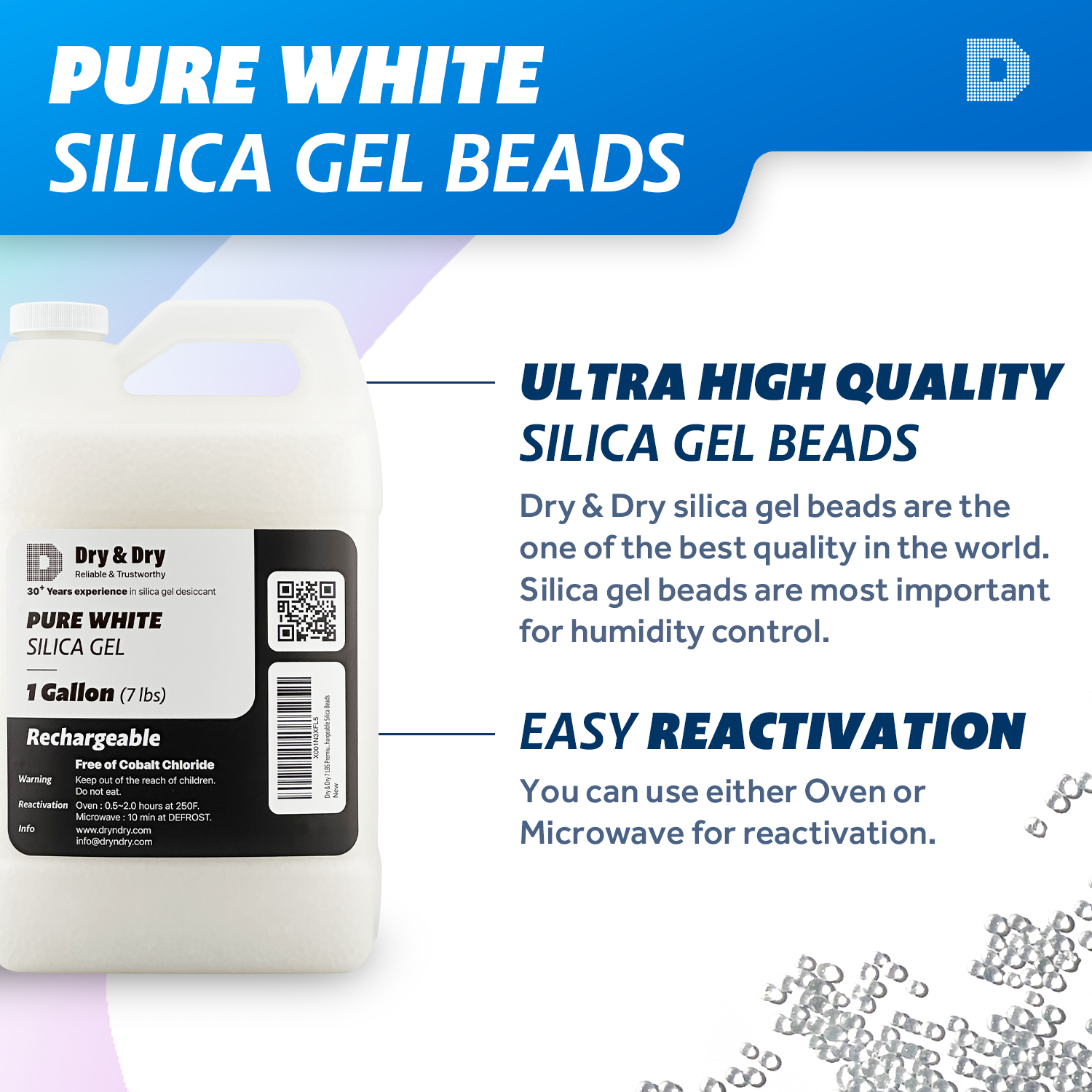 8 Gallon [56 LBS] Premium Pure White Silica Gel Desiccant Beads(Industry Standard 3-5mm) - Rechargeable beads