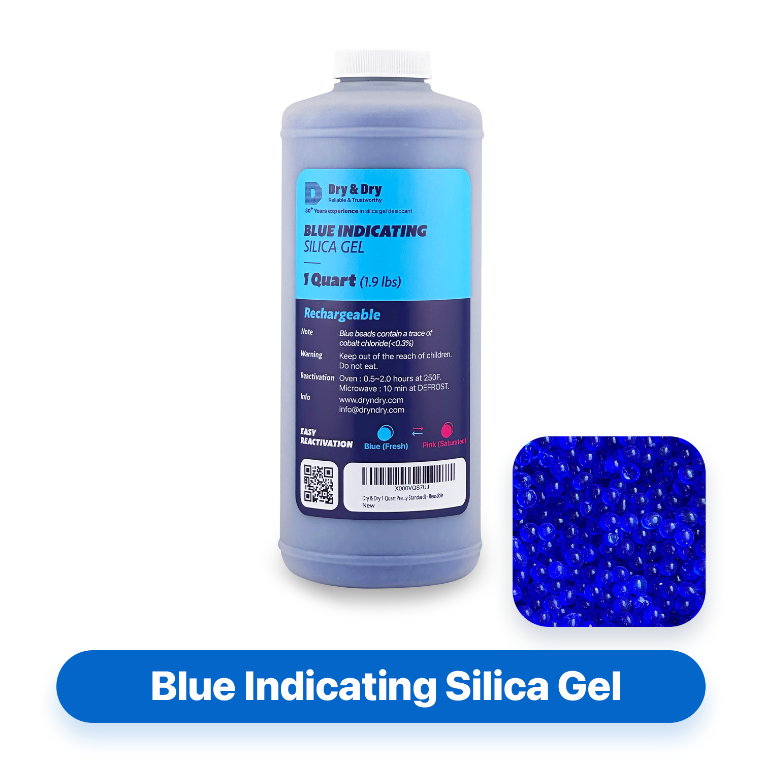 1 Quart Blue Silica Gel Bead in Round Bottle with Air Tight Cap - 2 LBS Reusable