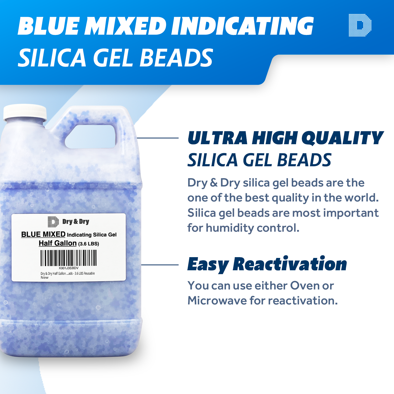 1/2 Gallon Dry & Dry Premium Blue Indicating Silica Gel Beads (Industry  Standard 2-4 mm) - 3.7 LBS Reusable