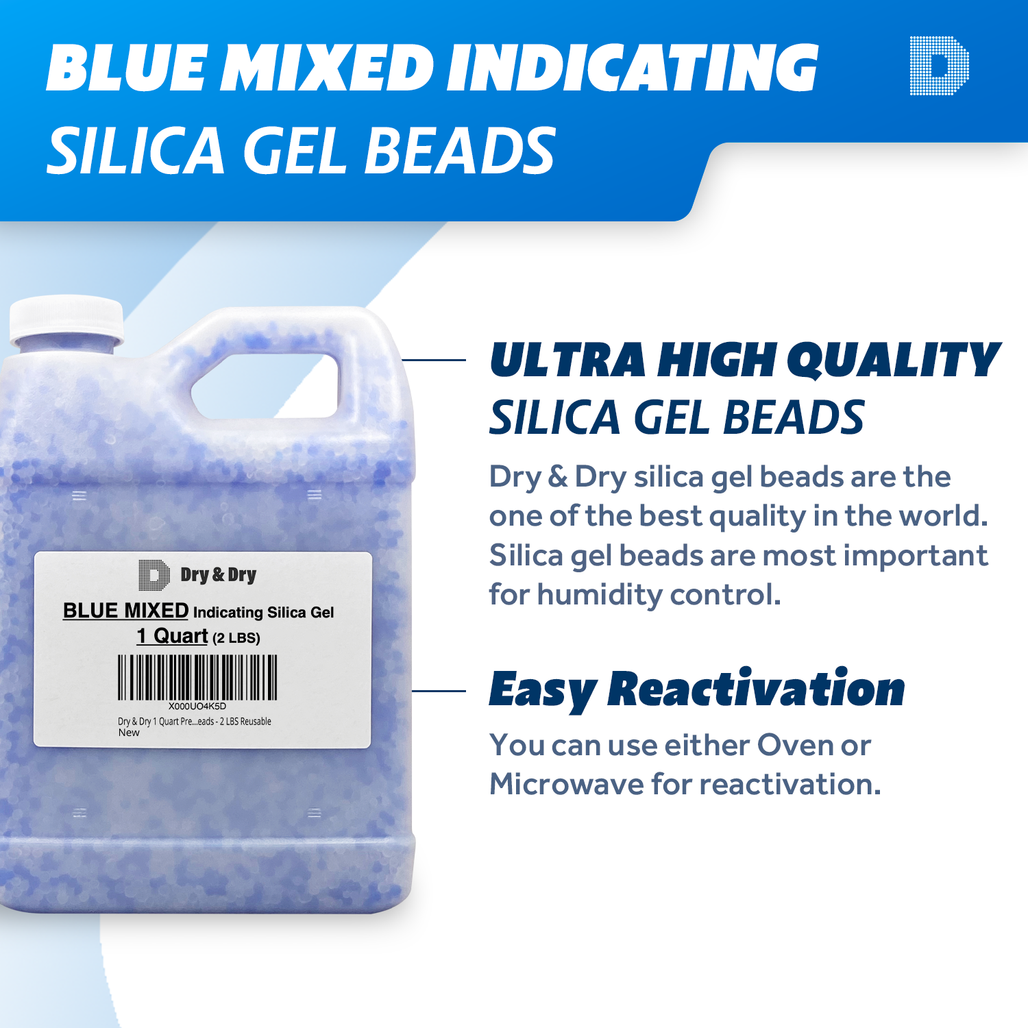 1 Quart(2 LBS) Premium White & Blue Mixed Silica Gel Beads - Rechargea