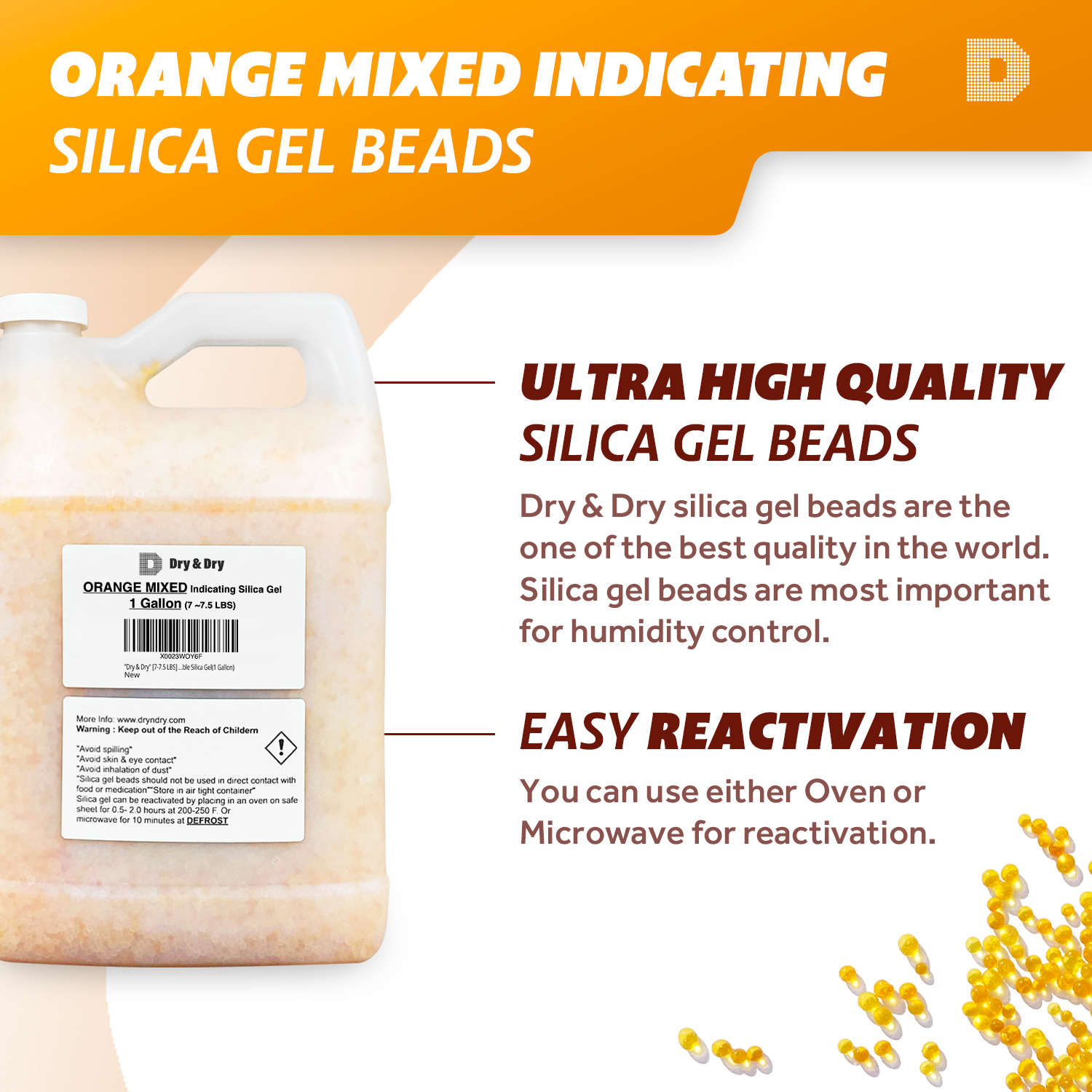 2 Gallon(14-15 LBS) "Dry & Dry" Premium Orange & White Mixed Indicating Silica Gel Desiccant Beads(Industry Standard 3-5 mm) - Rechargeable