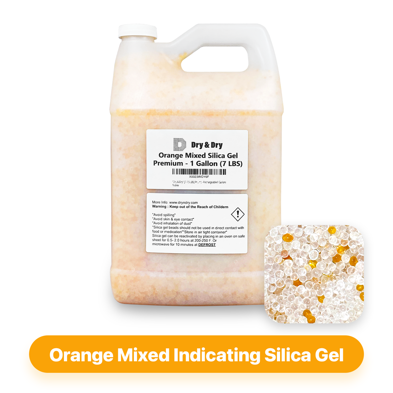 1 Gallon(7-7.5 LBS) "Dry & Dry" Premium Orange & White Mixed Indicating Silica Gel Desiccant Beads(Industry Standard 3-5 mm) - Rechargeable