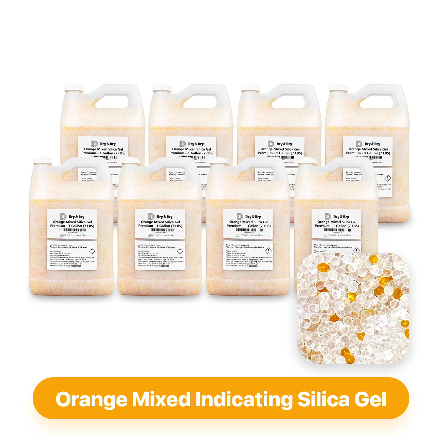 8 Gallon(56-60 LBS) "Dry & Dry" Premium Orange & White Mixed Indicating Silica Gel Desiccant Beads(Industry Standard 3-5 mm) - Rechargeable
