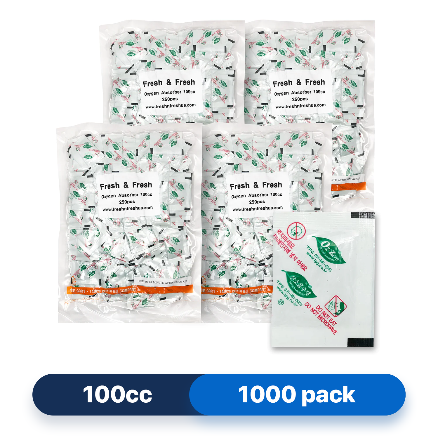 Fresh & Fresh (1000 Packs) 100 CC Premium Oxygen Absorbers(4 Bag of 250 Packets) - ISO 9001 Certified Facility Manufactured