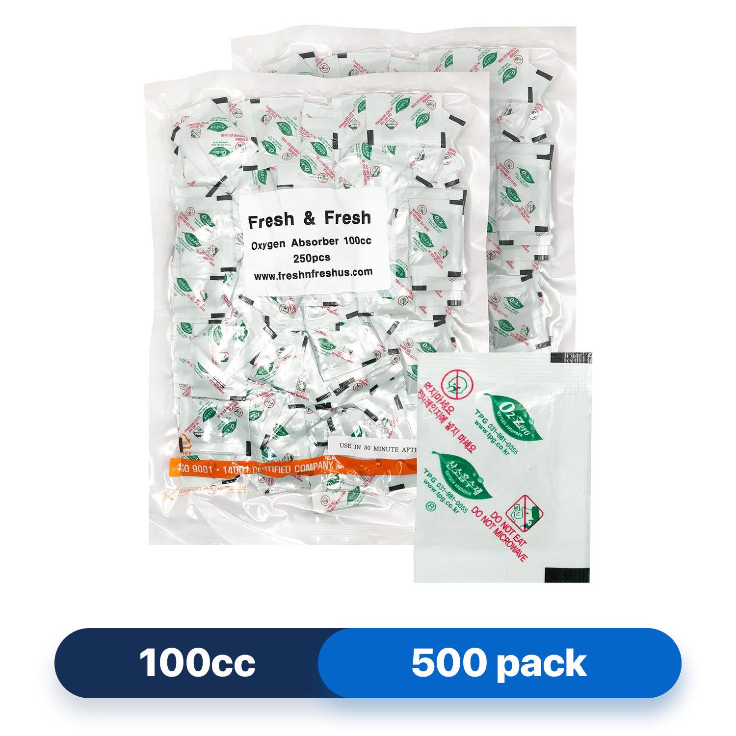 Fresh & Fresh (500 Packs) 100 CC Premium Oxygen Absorbers(2 Bag of 250 Packets) - ISO 9001 & 14001 Certified Facility Manufactured