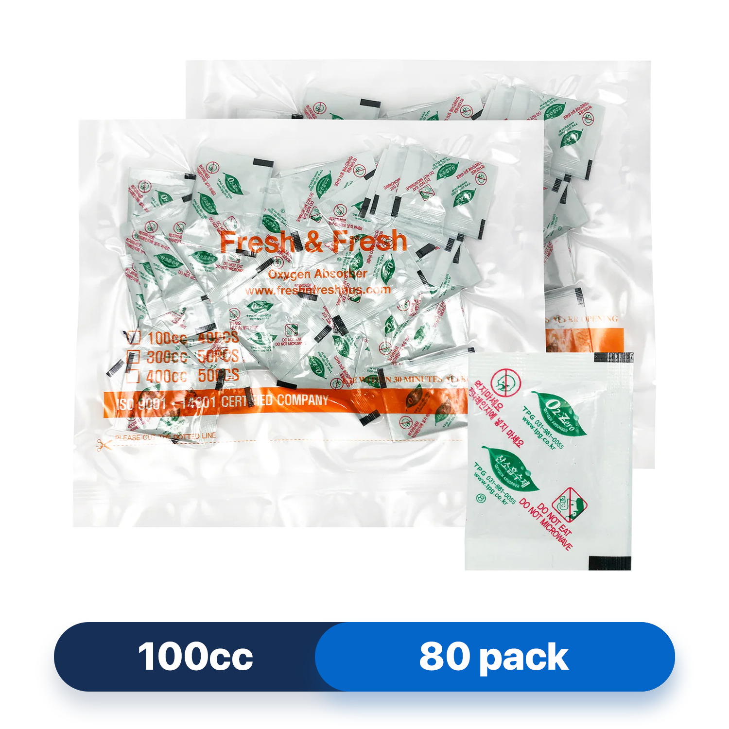 Fresh & Fresh 100 CC (80 Packets) Premium Oxygen Absorbers (2 Bag of 40 Packets) - ISO 9001 & 14001 Certified Facility Manufactured