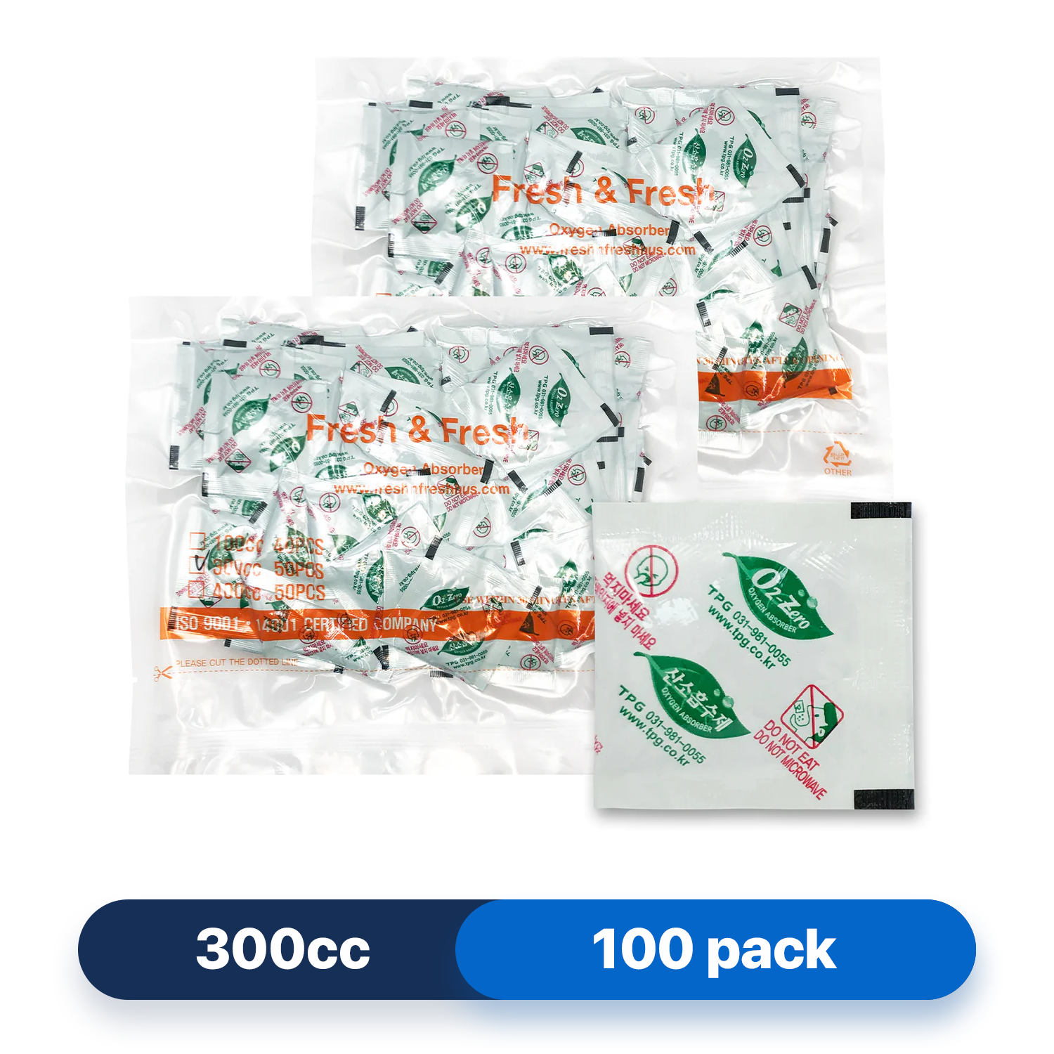 Fresh & Fresh (100 Packs) 300 CC Premium Oxygen Absorbers(2 Bag of 50 Packets) - ISO 9001 Certified Facility Manufactured
