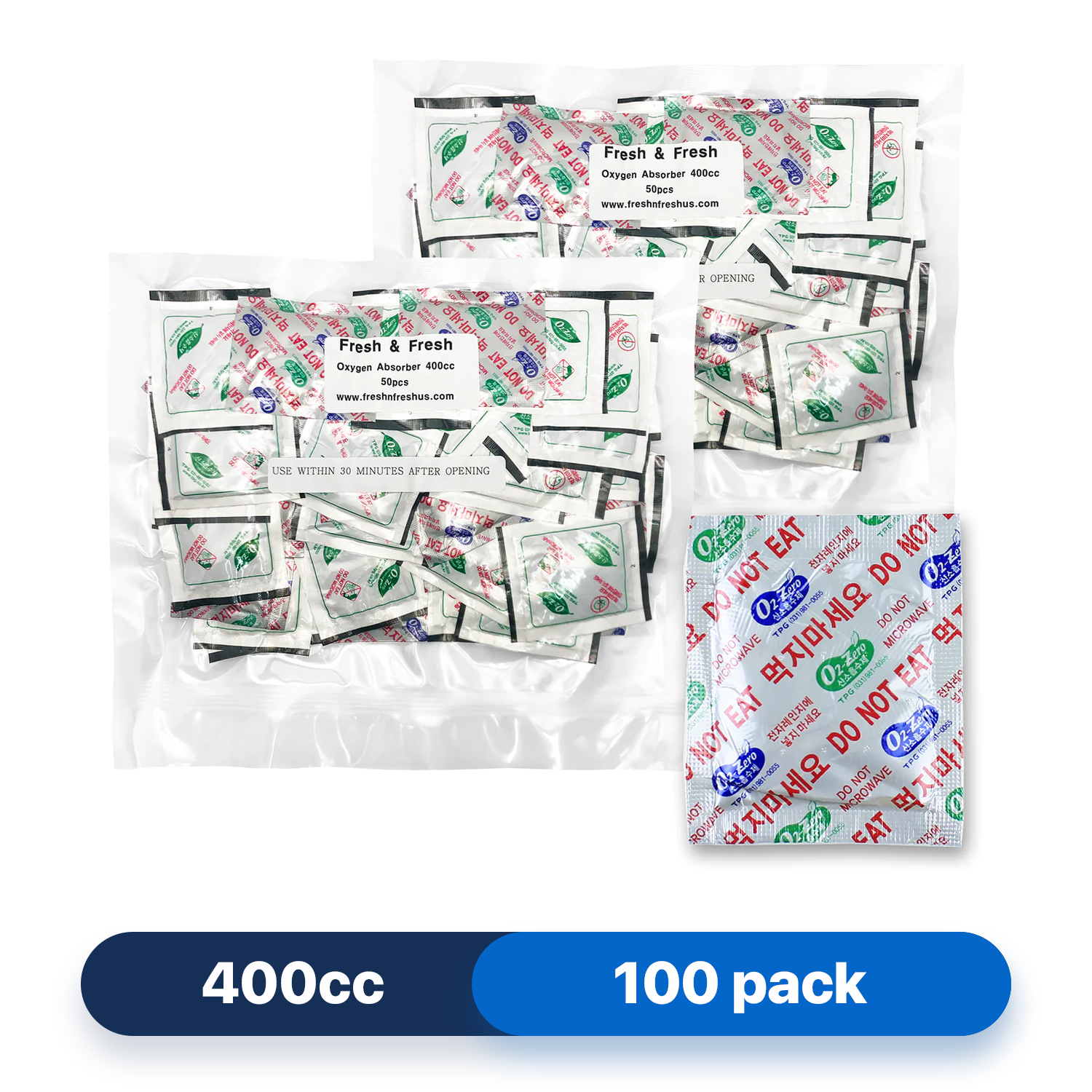Fresh & Fresh (100 Packs) 400 CC Premium Oxygen Absorbers(2 Bag of 50 Packets) - ISO 9001 Certified Facility Manufactured