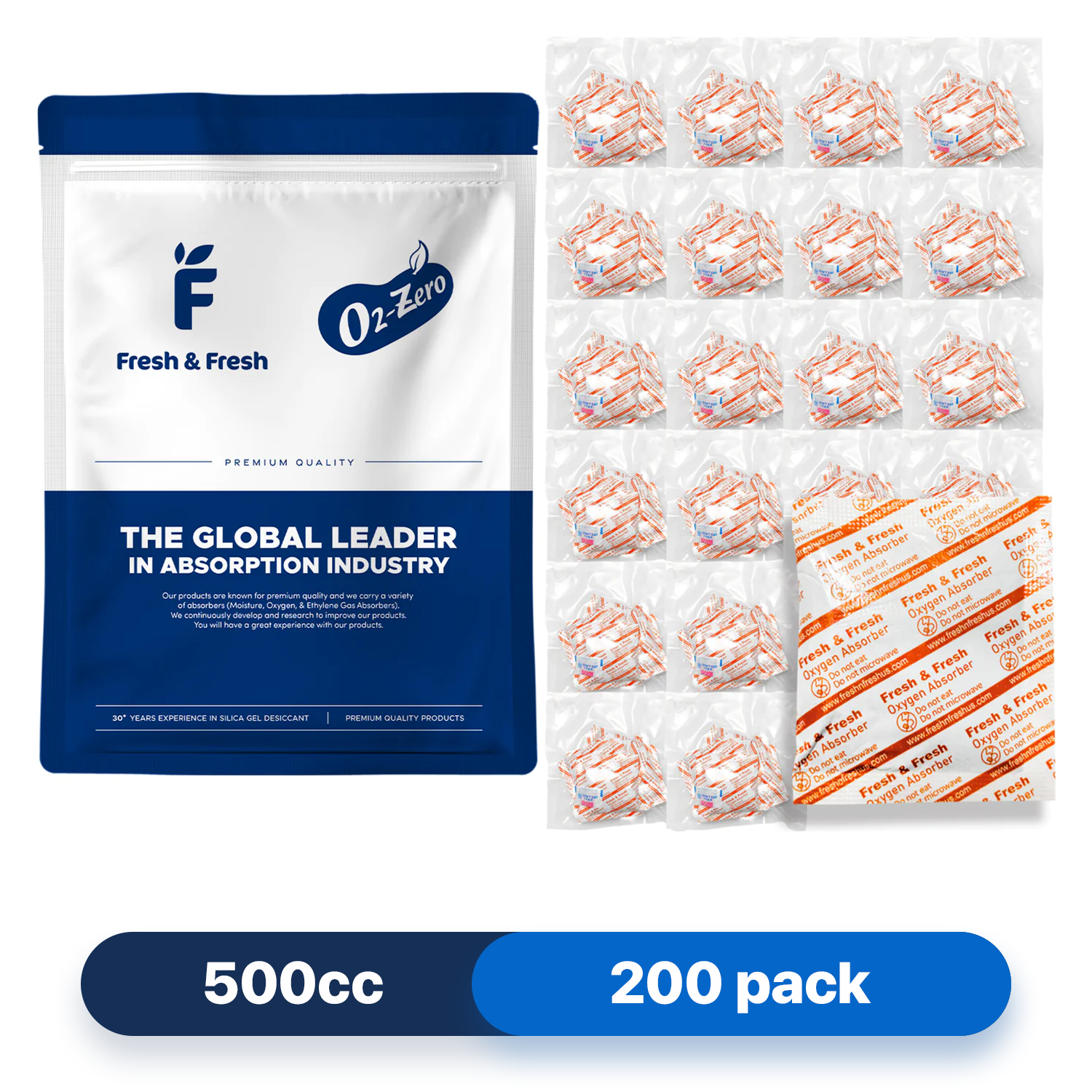 Fresh & Fresh (200 Packs) 500 CC Premium Oxygen Absorbers(20 Bag of 10 packets) - ISO 9001 Certified Facility Manufactured