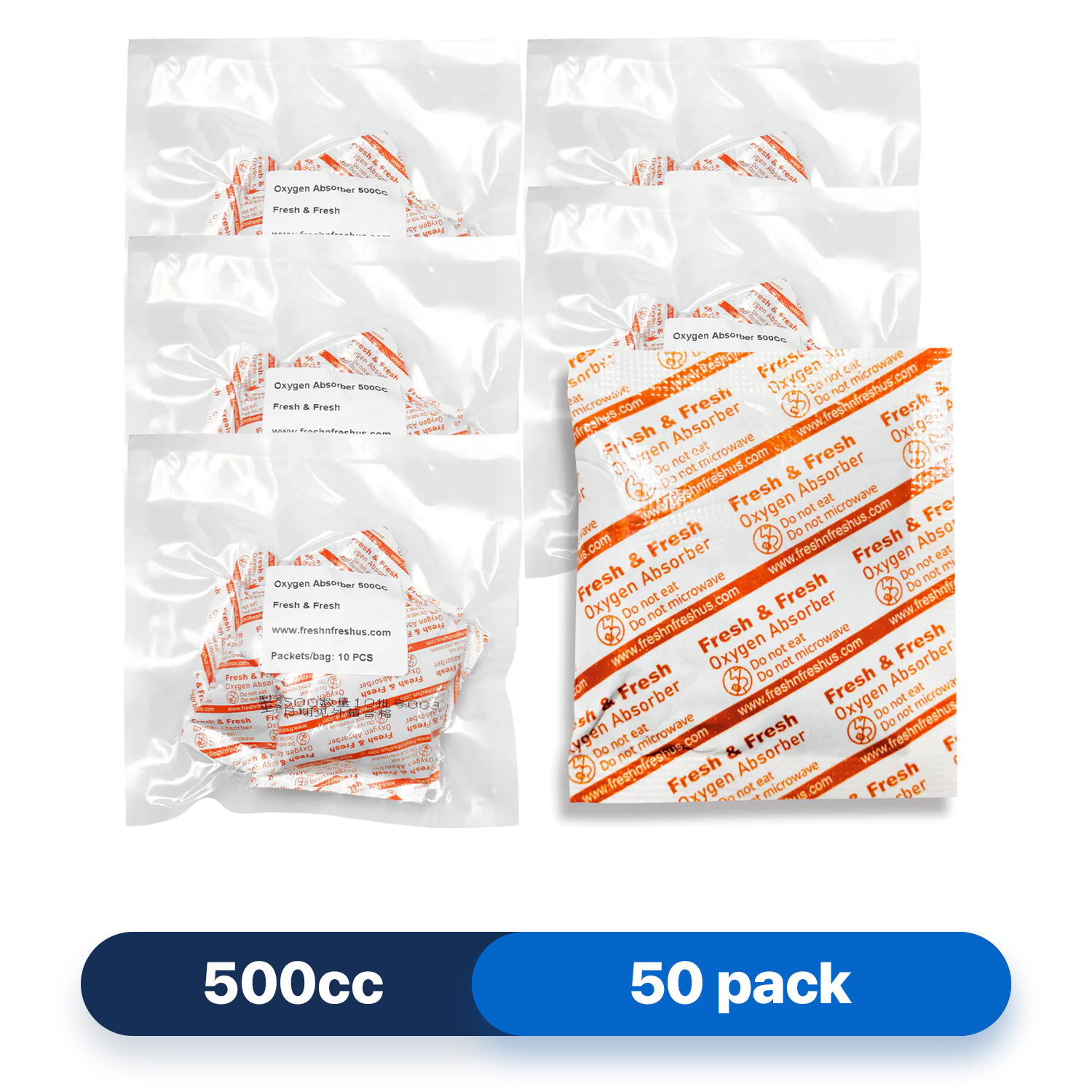 Fresh & Fresh (50 Packs) 500 CC Premium Oxygen Absorbers(5 Bag of 10 packets) - ISO 9001 Certified Facility Manufactured