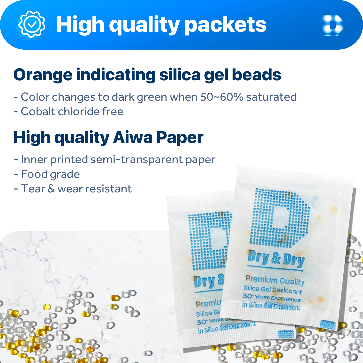 10 Gram [1,500 Packs] "Dry & Dry" Food Safe Orange Indicating(Orange to Dark Green) Mixed Silica Gel Packets - FDA Compliant(Rechargeable)