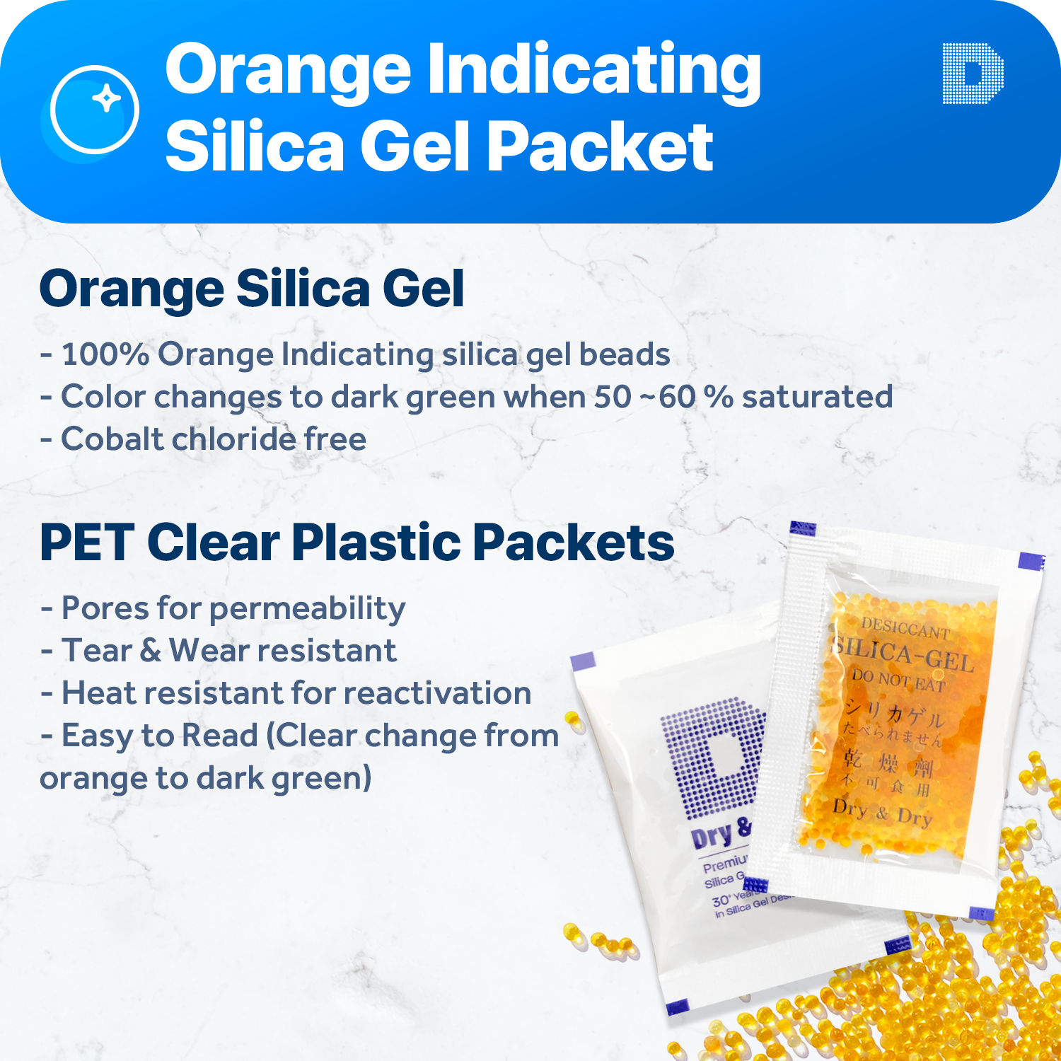 10 Gram Orange Indicating Clear Plastic(PET) Silica Gel Packets