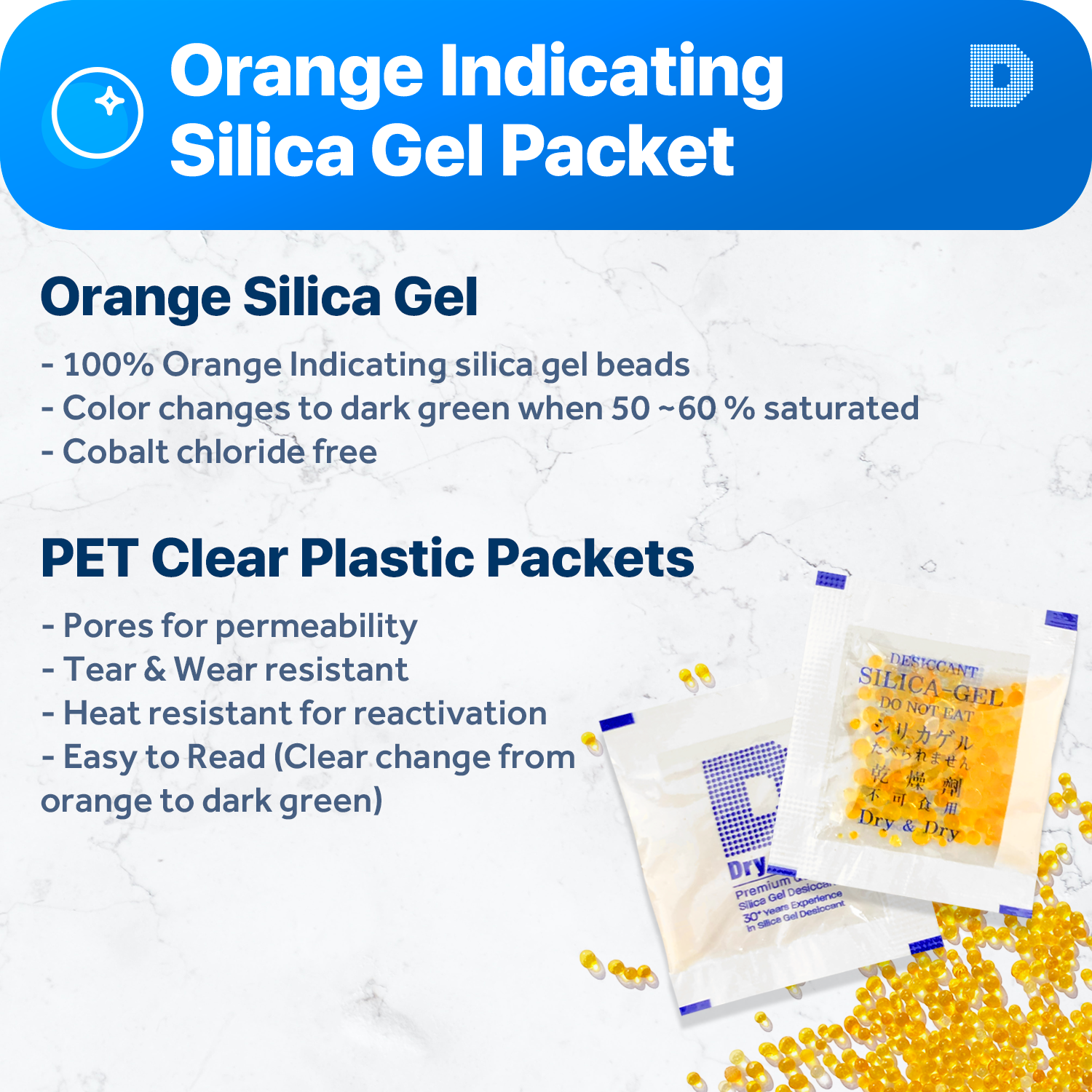 1 Gram Orange Indicating Clear Plastic(PET) Silica Gel Packets
