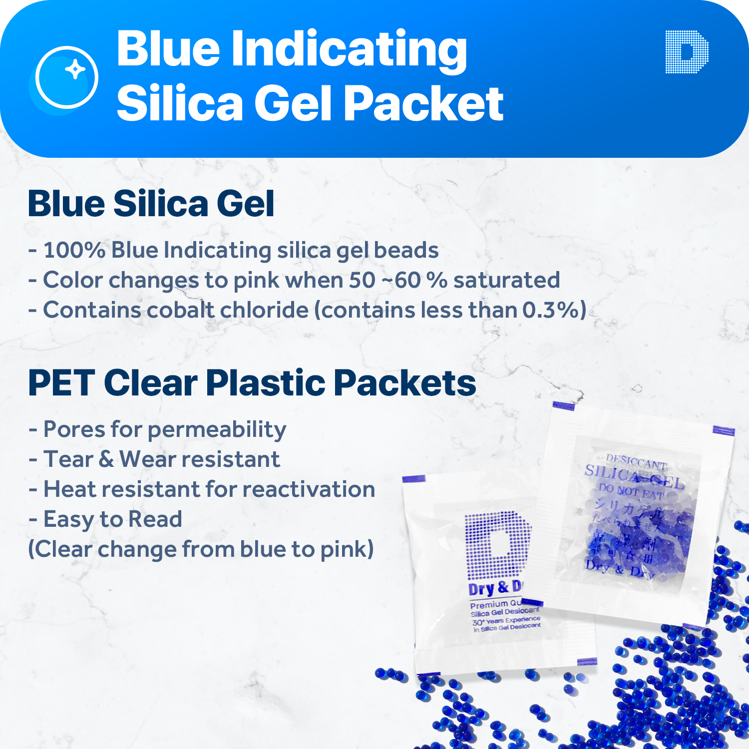 1 Gram Blue Indicating Clear Plastic(PET) Silica Gel Packets