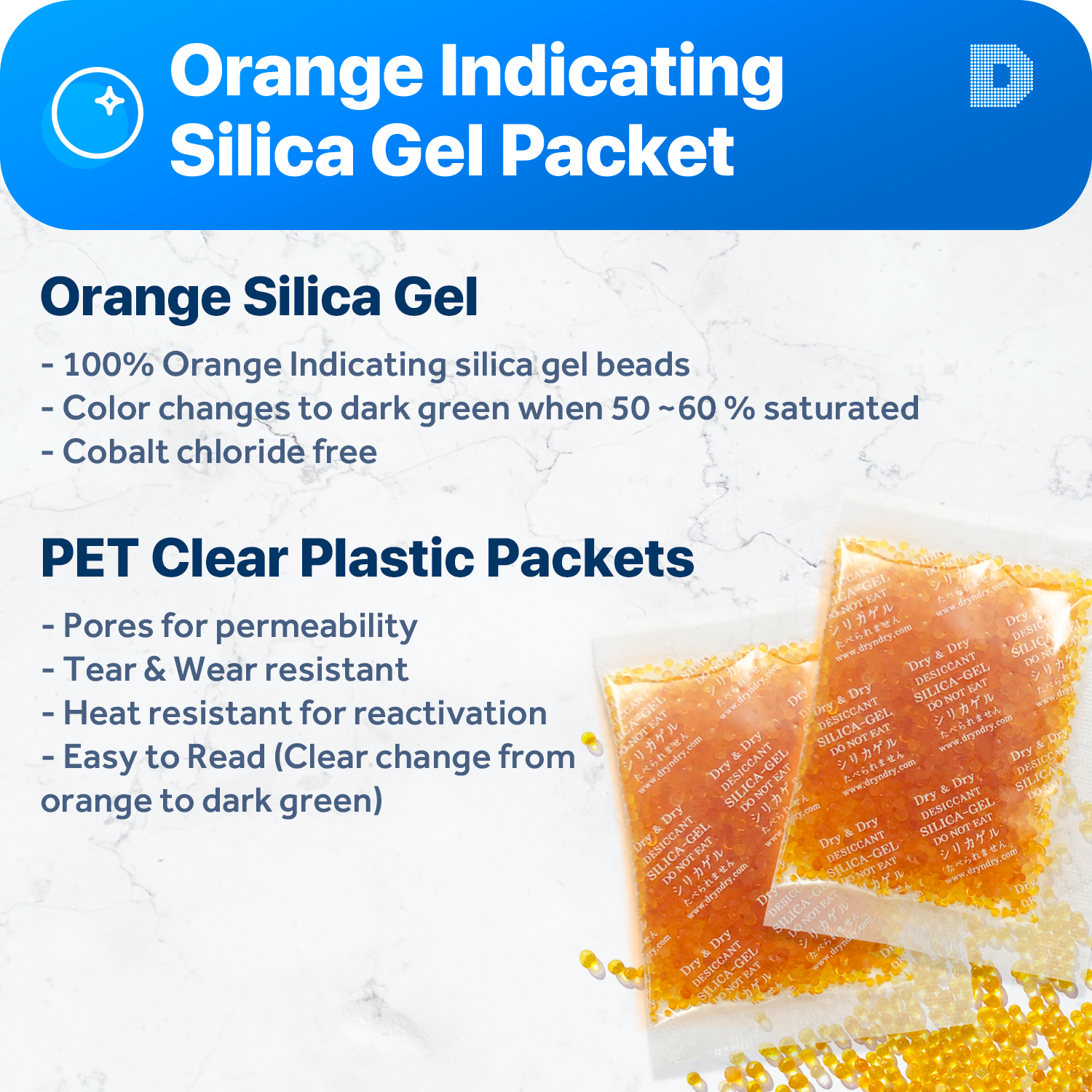 20 Gram Orange Indicating Clear Plastic(PET) Silica Gel Packets