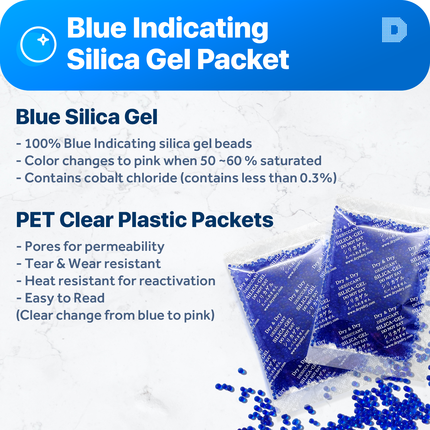 20 Gram Blue Indicating Clear Plastic(PET) Silica Gel Packets