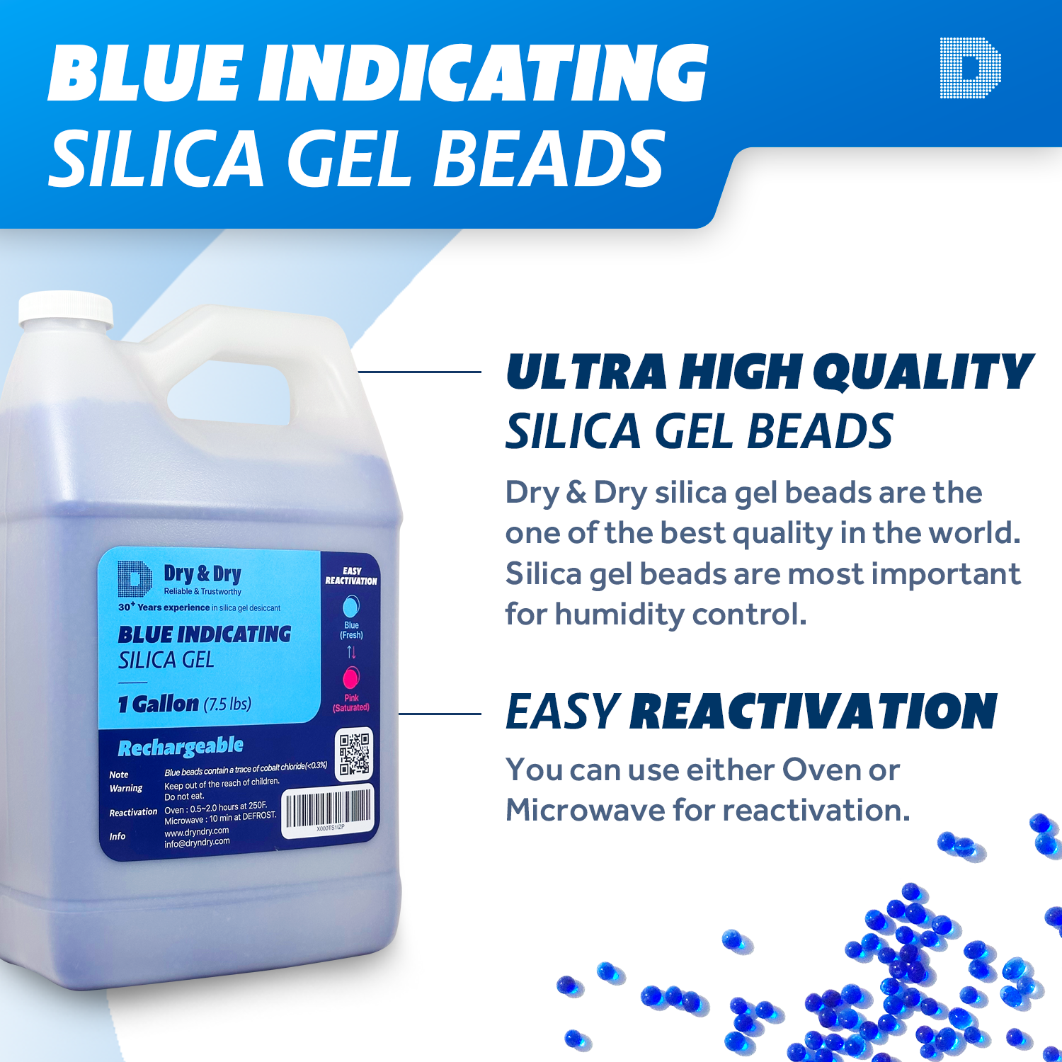 4 Gallon [30 LBS] Premium Blue Indicating Silica Gel Beads(Industry Standard 3-5 mm) - Rechargeable