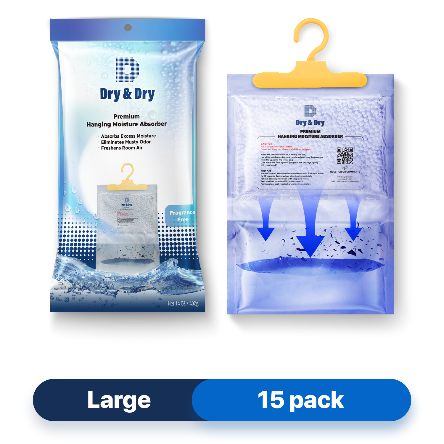 [15 pack] [Net 14.1 oz/Pack] “Dry & Dry” Premium Hanging Moisture Absorber to Control Excess Moisture for Basements, Bathrooms, Laundry Rooms, and Enclosed Spaces