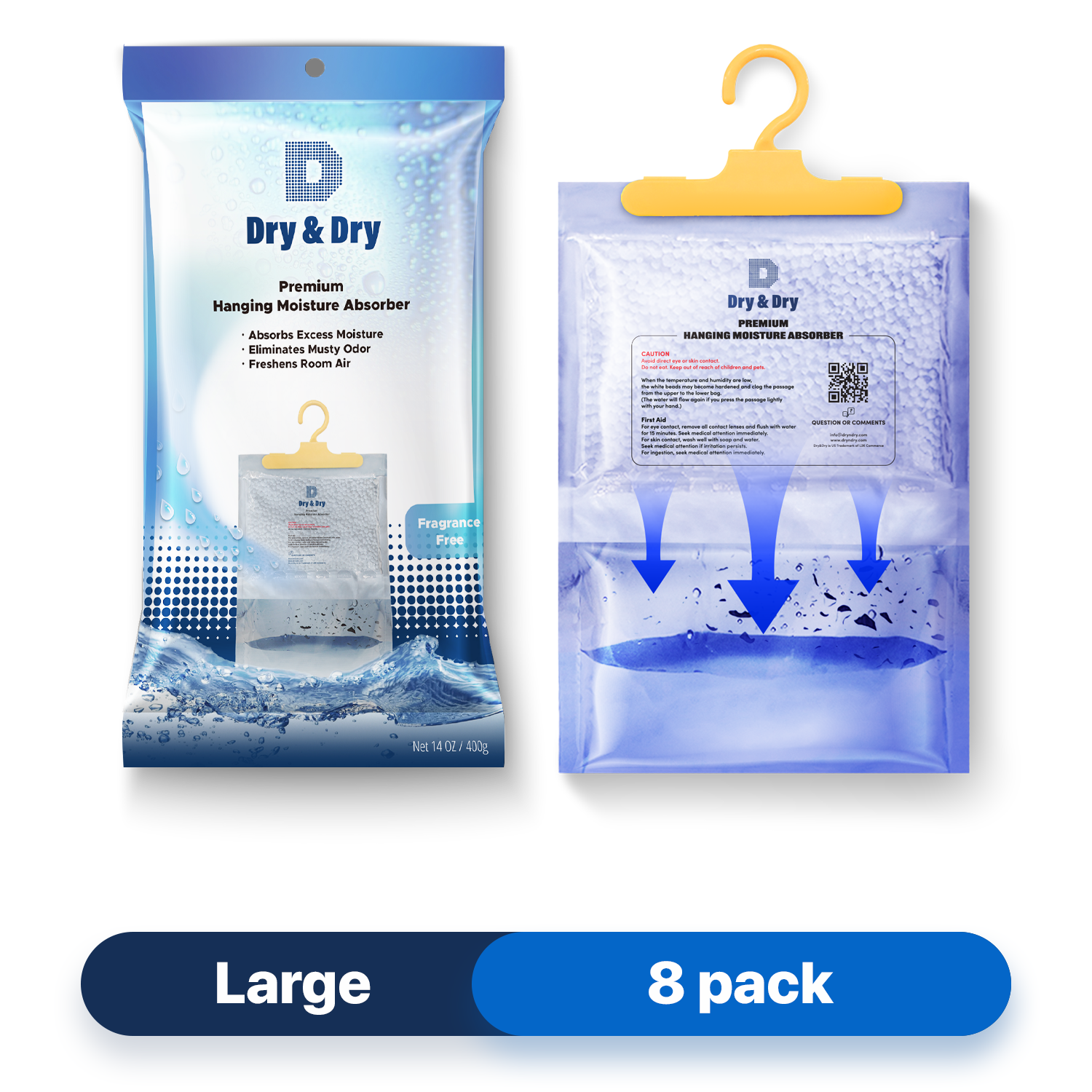 [8 pack] [Net 14 oz/Pack] “Dry & Dry” Premium Hanging Moisture Absorber to Control Excess Moisture for Basements, Bathrooms, Laundry Rooms, and Enclosed Spaces