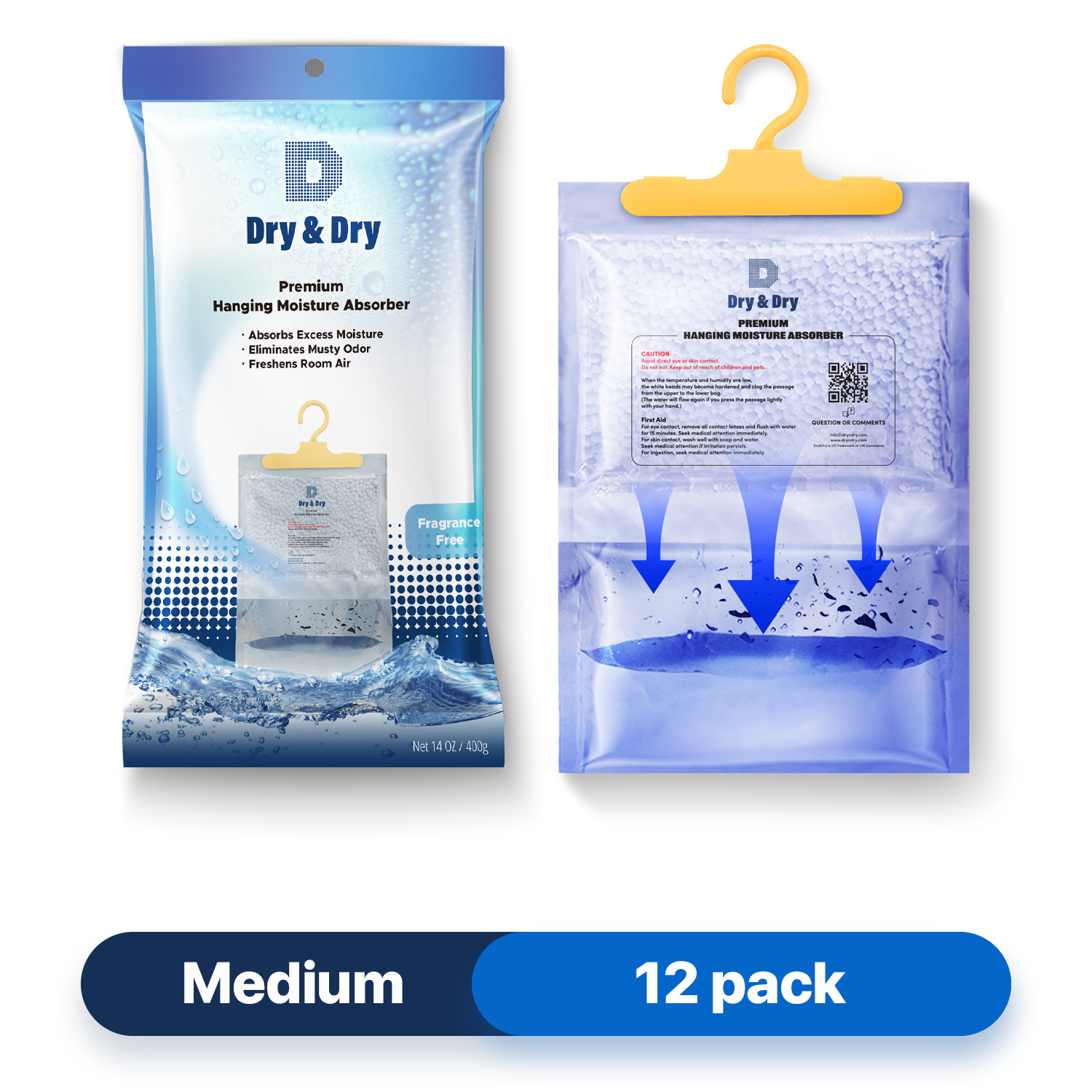 [12 pack] [Net 7 oz/Pack]  “Dry & Dry” Premium Hanging Moisture Absorber to Control Excess Moisture for Basements, Bathrooms, Laundry Rooms, and Enclosed Spaces