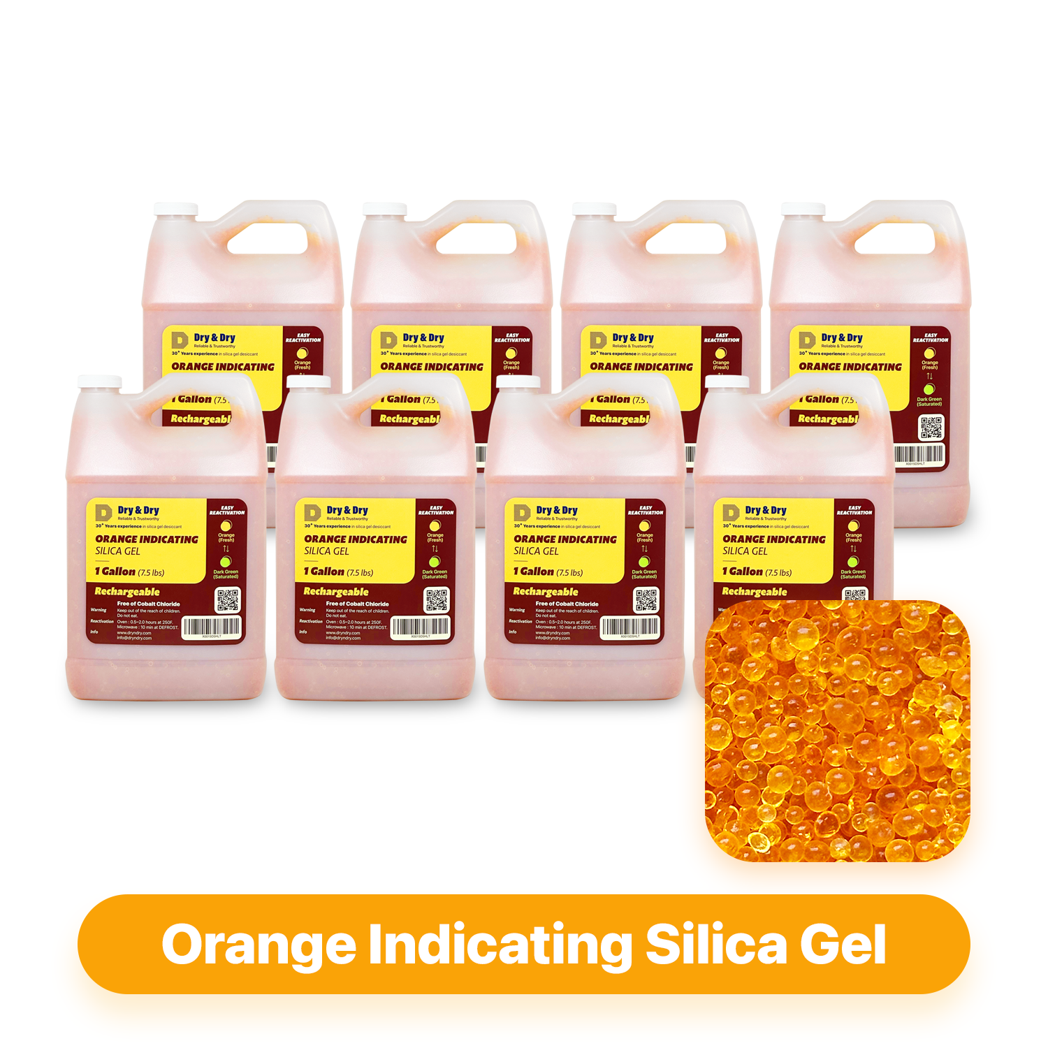 8 Gallon [60 LBS] Orange Premium Indicating Silica Gel Desiccant Beads(Industry Stand 3-5 mm) - RECHARGEABLE