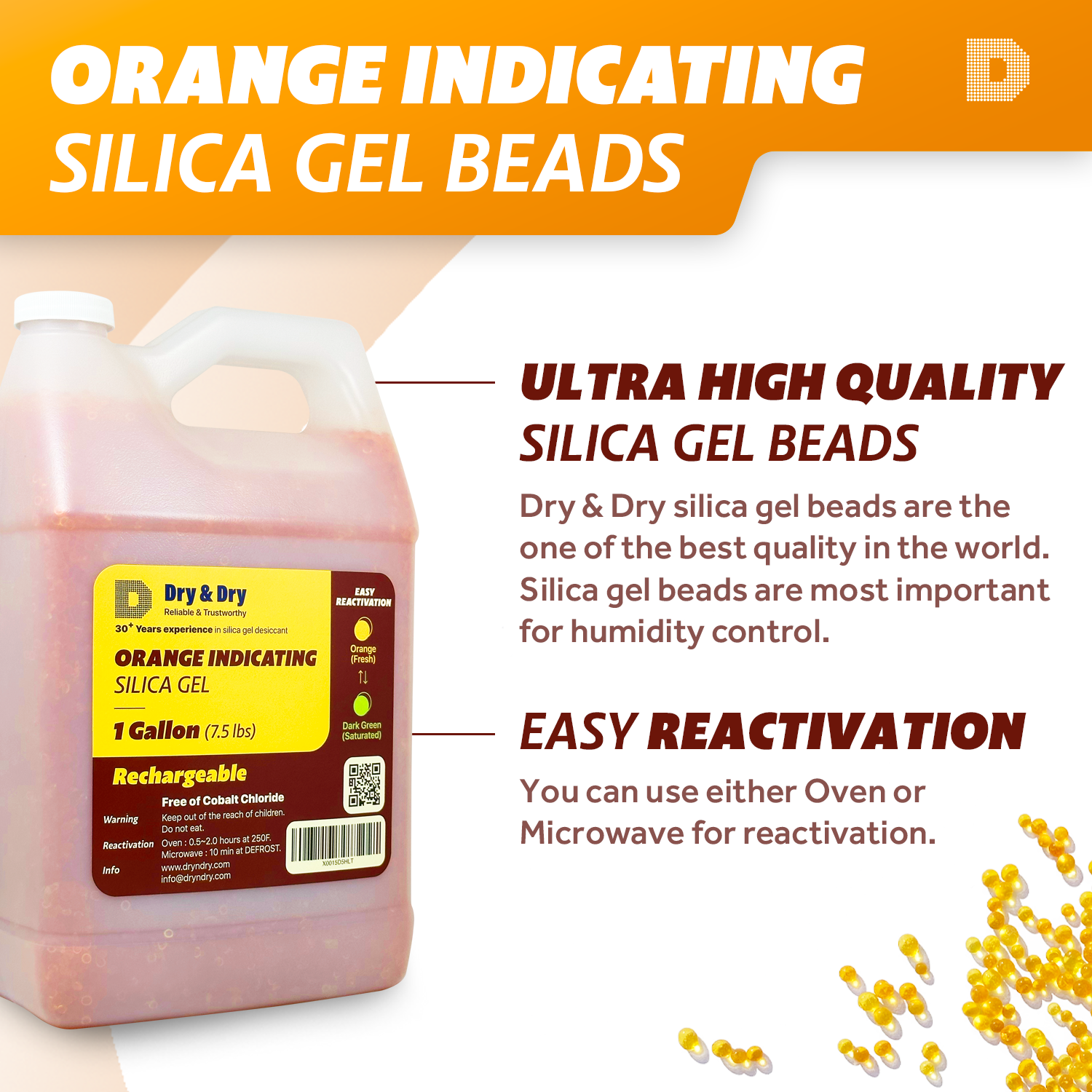 1 Gallon(7.5 LBS) "Dry & Dry" Premium Orange Indicating Silica Gel Desiccant Bead