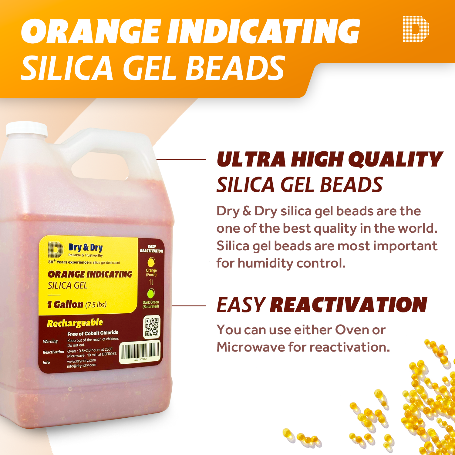 8 Gallon [60 LBS] Orange Premium Indicating Silica Gel Desiccant Beads(Industry Stand 3-5 mm) - RECHARGEABLE