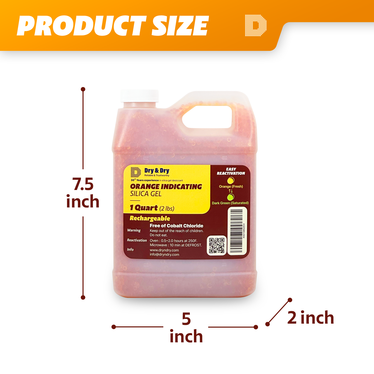 1 Quart(2 LBS) "Dry & Dry" Premium Orange Indicating Silica Gel Desiccant Bead
