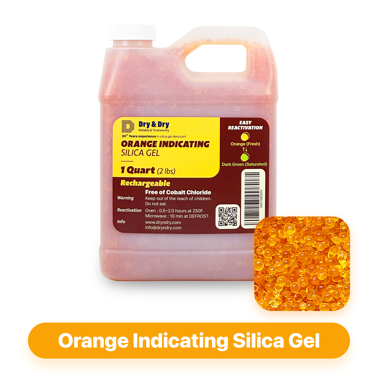 1 Quart(2 LBS) "Dry & Dry" Premium Orange Indicating Silica Gel Desiccant Bead
