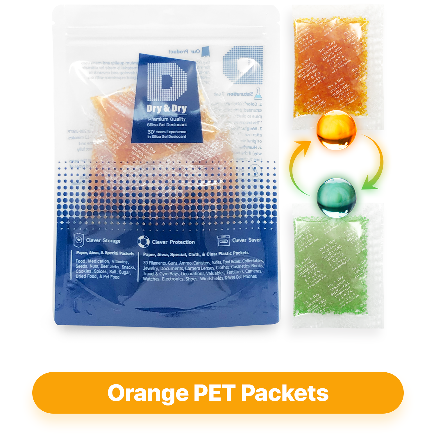 20 Gram Orange Indicating Clear Plastic(PET) Silica Gel Packets